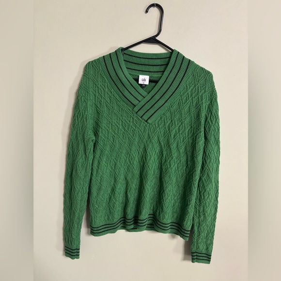 Cabi Lucky Day Pullover Green Navy Accents Size XS V Neck Sweater Chunky Knit - Picture 1 of 7